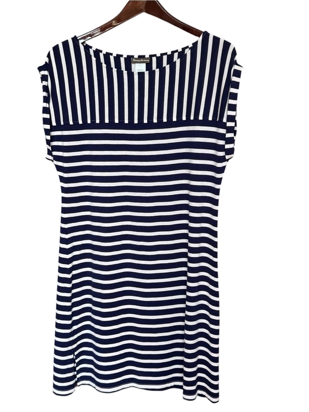 Tommy Bahama Blue White Striped Short Sleeve Shift Dress Medium Stretch Casual